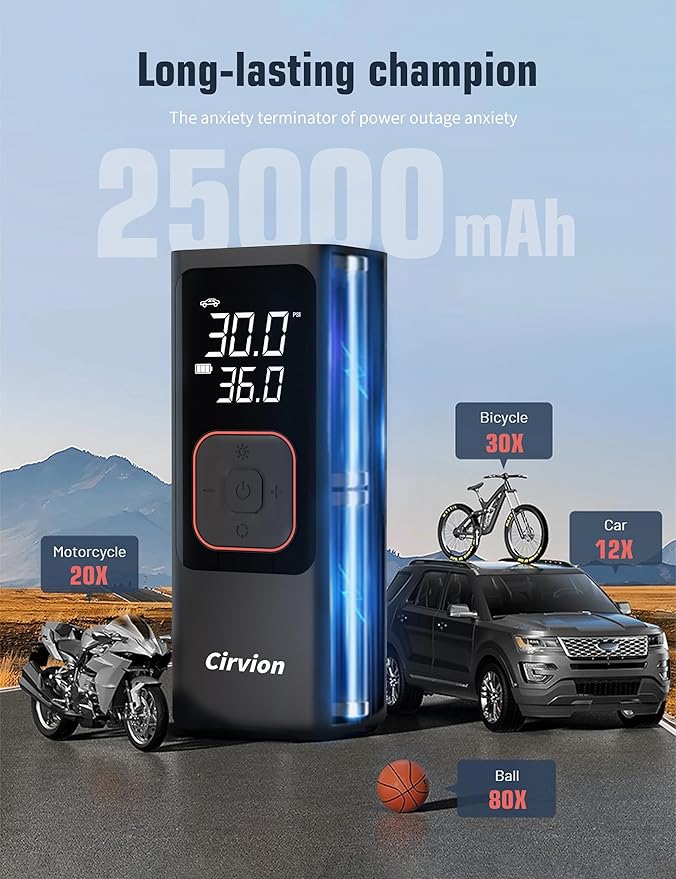 Tire Inflator Portable Air Compressor, 3X Faster 25000mAh 160 PSI Air Pump for Car Tires- Cordless, with Pressure Gauge, LED Light & Digital Display, for Car, Pickup, Truck, Motor, E-Bike and More
