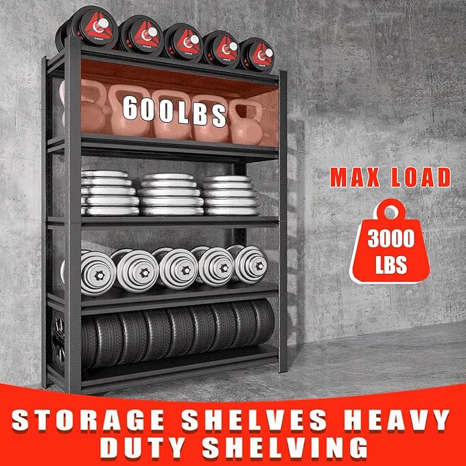 63" H Garage Shelving 3000LBS Heavy Duty Steel Shelving Units, Adjustable 5 Tier Metal Industrial Garage Storage Shelves for Kitchen,Utility Room and Basement, 31.5''Wx15.87''Dx63''H, Black