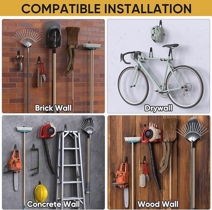 TICONN 2 Pack Heavy Duty Garage Hooks, Steel Utility Wall Storage Hooks, Wall Mount Hanger Organizer for Ladders, Bikes, Tools, Bulky Items (Small, Black Square)