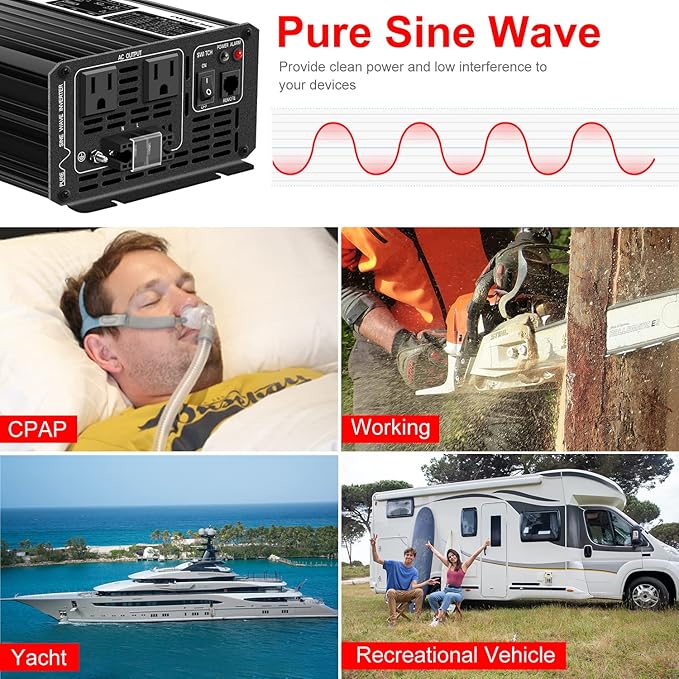 Xijia 1500W(Peak Power 3000W) Pure Sine Wave Solar Power DC 12V Inverter AC 120V 60HZ Solar Converter for Home Use car (DC12V (Range 10V-15V) 1500W)