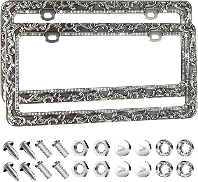 Valor Gel Metal Car License Plate Frames,Antique Old Pattern Printing, Bling Crystal Rhinestones Inlaid,Universal 2 Holes Automotive Replacement Parts Plate Holder(1 Pack)