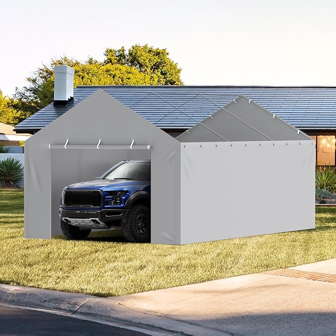 VEVOR Carport Replacement Canopy Cover Side Wall 12 x 20 ft, Garage Tent Shelter Tarp Heavy-Duty Waterproof & UV Protected, Easy Installation with Ball Bungees,Grey (Top and Frame Not Included)
