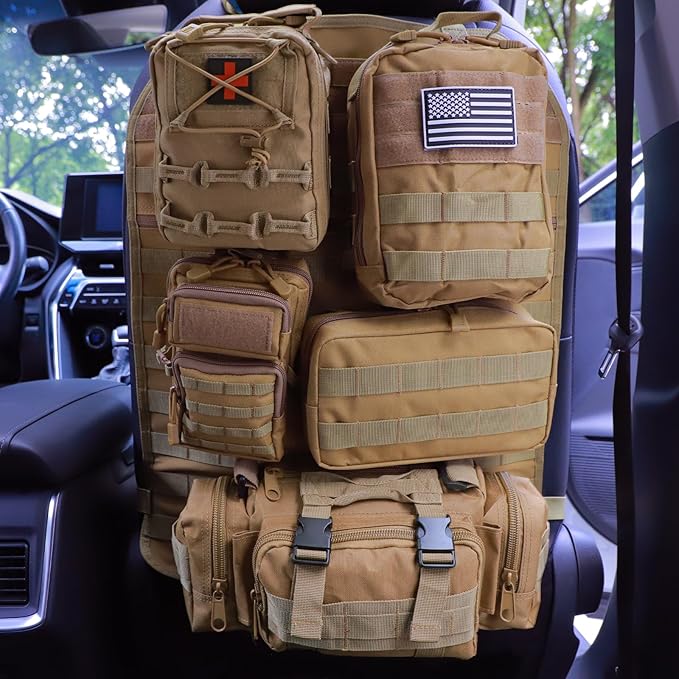 Universal Tactical Seat Back Organizer Vehicle Molle Panel Organizer Storage Bag with 5 Detachable Molle Pouch for All Vehicel Such as Jeep,Truck,SUV, Car, Ford,Chevy etc
