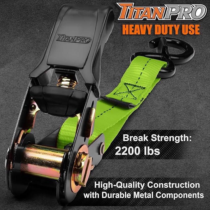 TitanPro Heavy Duty Ratchet Straps 4-Pack - 2,200lb Break Strength, 1" x 15' Rachet Tie Downs with Padded Handles - Heavy Duty, Truck, Motorcycle, Moving Straps (Green)