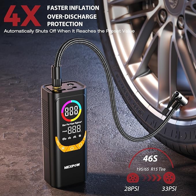 NEXPOW NP17 Portable Air Compressor, 150 PSI Digital Tire Inflator, Fast Inflation with Auto Shut-Off, LED Light, Multiple Nozzles for Car, Bike, and Ball, Compact Design, Yellow