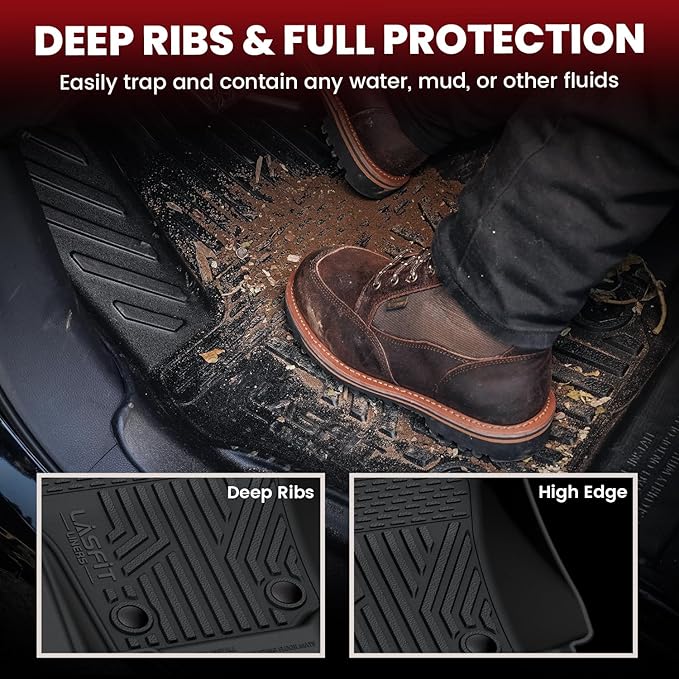 LASFIT Floor Mats for Toyota Tacoma 2024 2025 Double Cab (Only Fit Manual) All Weather Floor Liner for Tacoma TPE Custom Fit Car Mats Front&Rear 2 Row Mats,Black(Not fit Xtra Cab&Hybrid&Auto Trans)