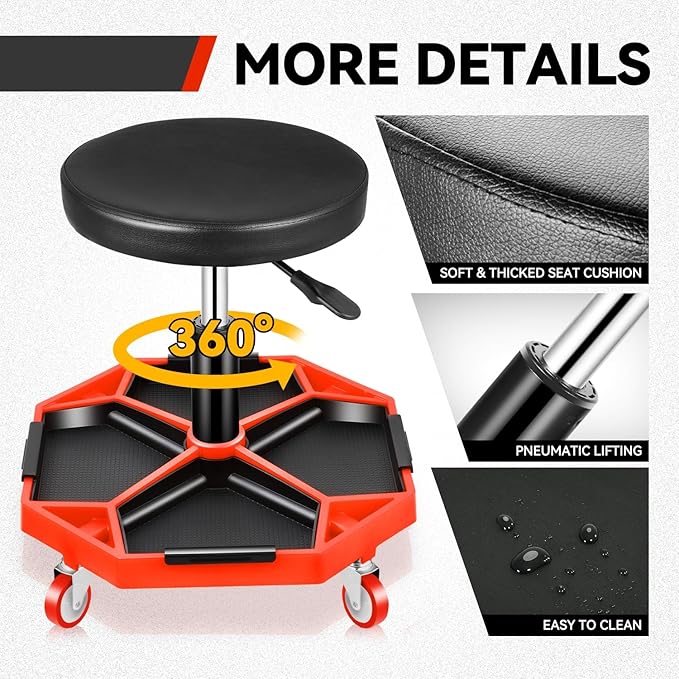 Auto Dynasty Mechanic Stool, Adjustable Rolling Pneumatic Creeper Garage Shop Seat with Tool Tray, 300 LBS Roller Seat for Workshop Auto Repair, Adjustable Height 15.7" to 21", Black/Red