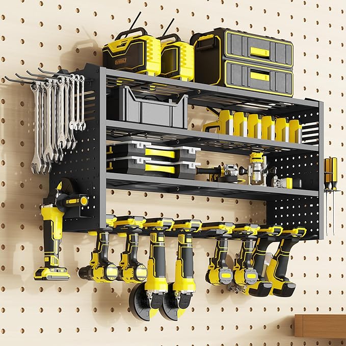 Tomorotec Wall-Mounted Power Tool Storage Rack for Drill, Toolbox & Accessories, Heavy-Duty Steel Organizer with Side Hooks and Adjustable Shelves, Easy Installation Garage & Workshop Storage (Black)