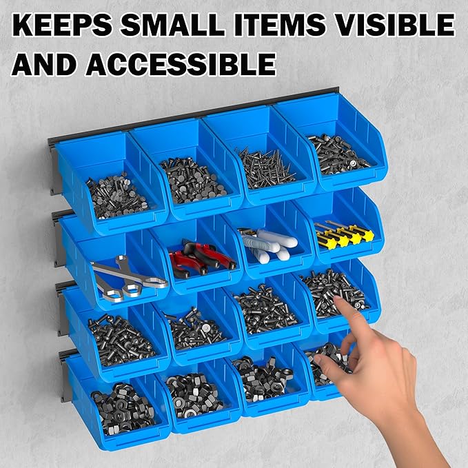 Ultrawall Wall Mounted Storage Bins, Plastic Hanging Storage Organizer Bins, Garage Tool Storage System for Screws, Nuts, Bolts, Nails, and Small Hardware Parts, 16x bins & 4 x rails, Blue