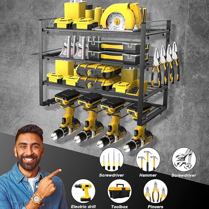 Power Tool Organizer Wall Mount, 2 Pack 4 Layers Garage Wall Shelving, 8 Drill Holder Wall Mount, Cordless Tool Organizer, Garage Storage Rack with 4 Extension Cord Holder