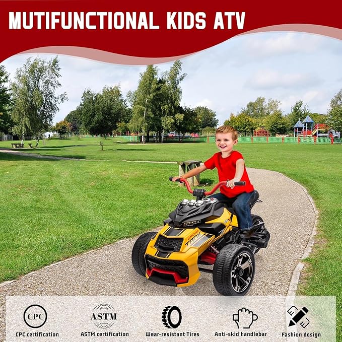 12V Kids Electric Ride-On Car with Parent Remote Control, 7MPH, 2 Speeds, 2x55W Motor, LED Lights, Music, USB & EVA Tires, 3 Wheel Battery Powered Toy Vehicle for Toddlers