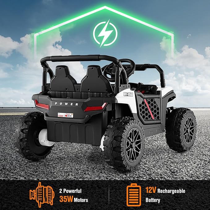 Costzon Kids UTV, 12V Battery Powered Electric Off-Road Car w/Remote Control, Sounds, Wireless Connection, 3 Speeds & 4-Wheel Suspension, Kids Ride on Truck, Gift for Boys & Girls 3+ Years Old (White)