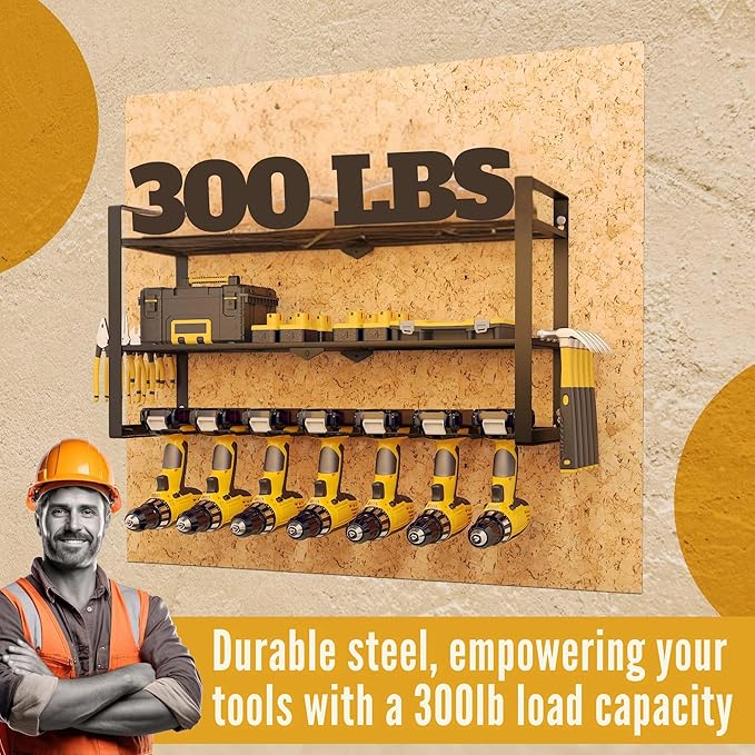 Power Tool Organizer Wall Mount 3 Tier 7 Drill Holders support up to 300Lbs - Metal Cordless Garage Wall Organizer for Cordless Drill, drill holder Rack Suitable for workshop organizers and storage