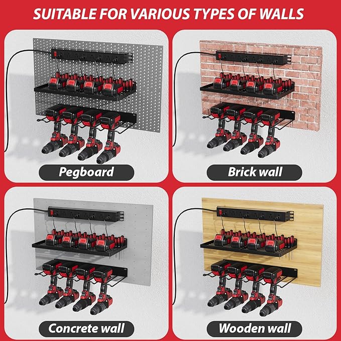 Power Tool Organizer With Charging Station, Wall Mount Drill Holder, Screwdriver and Battery Organizer, Heavy Duty Rack for Garage, Workshop, Tool Room, Workbench
