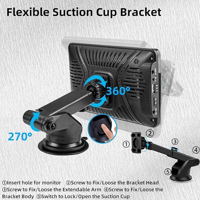 Carplay Mount, 360° Flexible Windshield Dashboard Suction Cup Bracket for 7" 9" 10.26" Inch Carplay Screen Android Auto Car Monitor GPS Mount Phone Holder
