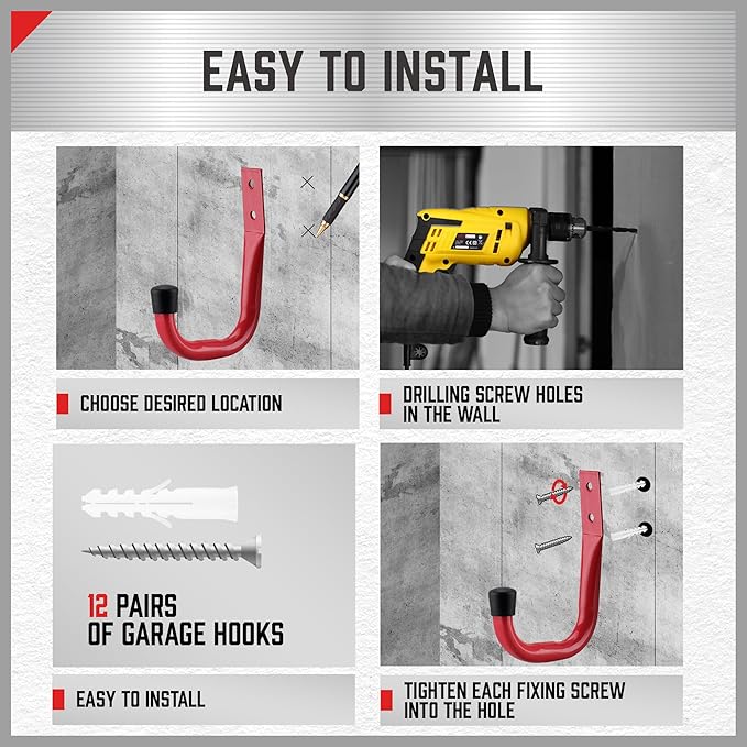 HORUSDY 6 Pack Garage Hooks, Utility Hooks, Garage Hook Heavy Duty Wall Hook (Red)