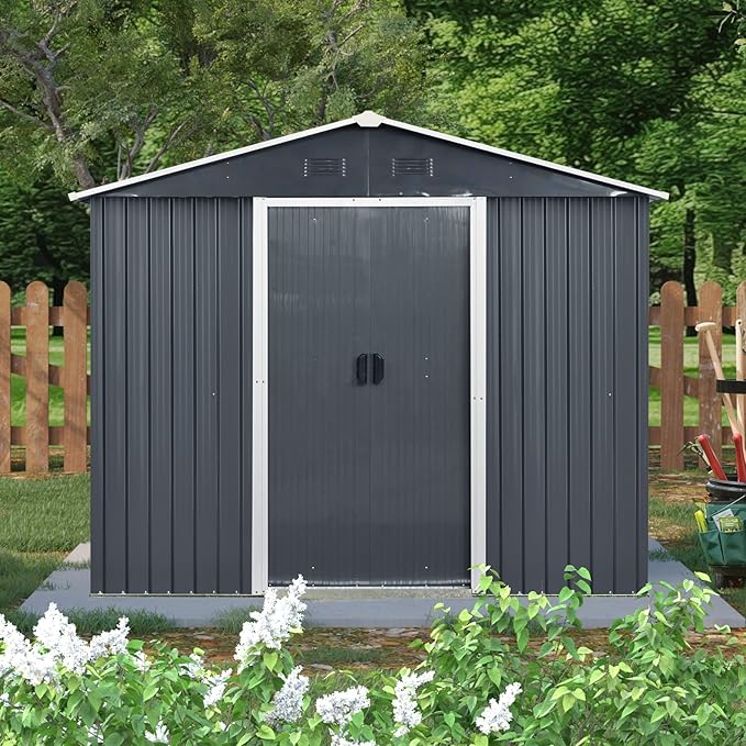 8x4 FT Outdoor Storage Shed,Metal Shed with Window & Floor,Garden Shed W/Air Vent & Lockable Sliding Door,All Weather Waterproof Tool House W/Sloped Roof,for Backyard,Patio,Lawn,Black+White