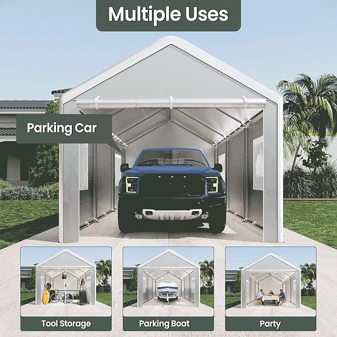 Carport 10x20 Ft, Heavy Duty Car Canopy with Reinforced Ground Bar, Portable Garage with Roll-up Windows and Removable Sidewalls, Galvanized Car Shelter, Large Outdoor Storage Shed (Grey)