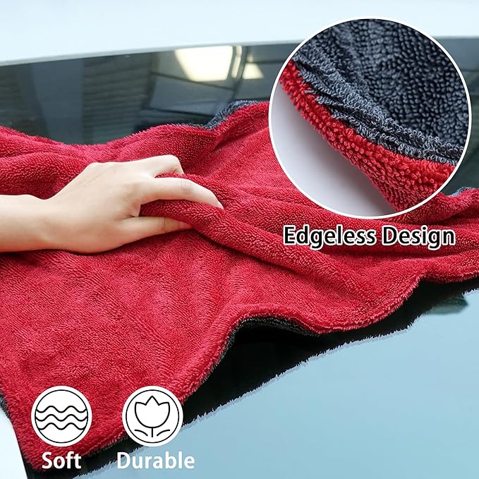 LIVOS Car Drying Towel, Premium Microfiber Towels for Cars, 1000GSM, Edgeless Twisted Loop Design, No Streaks, Scratches, or Water Spot, Absorbent Wash Towel, 18" x 24" (Red&Grey)