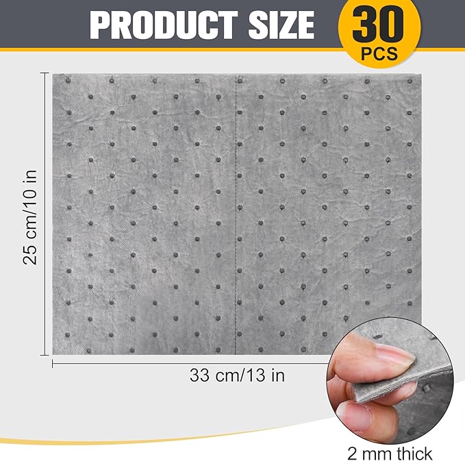 30PC Oil Absorbent Pads | 13"X10" Meltblown Polypropylene Mats, Hand-Tear Lines for Automotive & Workshop | Vacuum Eco-Packaging, Reusable Spill Control
