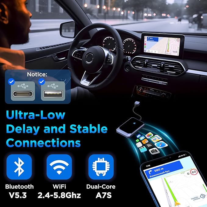 Android Auto Wireless Adapter for Factory Wired Android Auto - Instant Connection, Converts Wired to Wireless, Compatible with Android 10+ & Cars from 2015