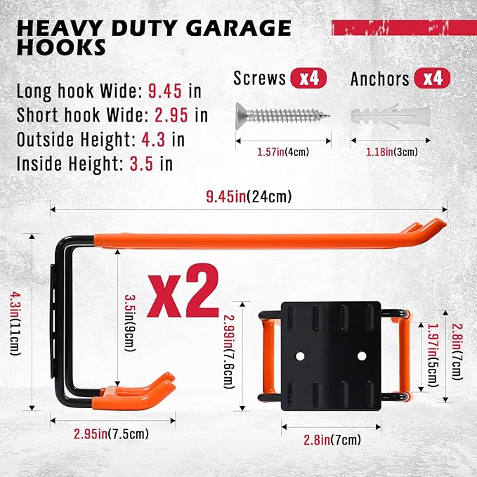 2-Piece 9.4" Heavy Duty Garage Hooks, Sturdy Utility Hooks Holds 55 LB Wall Mount Garden Tool Organizer Hangers for Hanging Shovel Ladder Chairs Strollers Power Tool Tire and More (Orange)