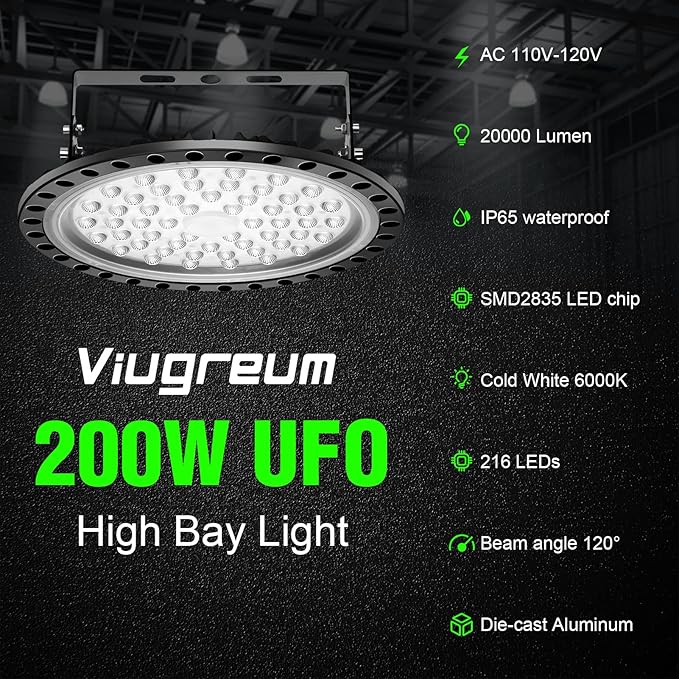 Viugreum 10 Pack 200W UFO LED High Bay Light, 20000LM 6500K Daylight White LED Warehouse Lighting, IP65 Waterproof Commercial Bay Lighting for Garage Barn Workshop