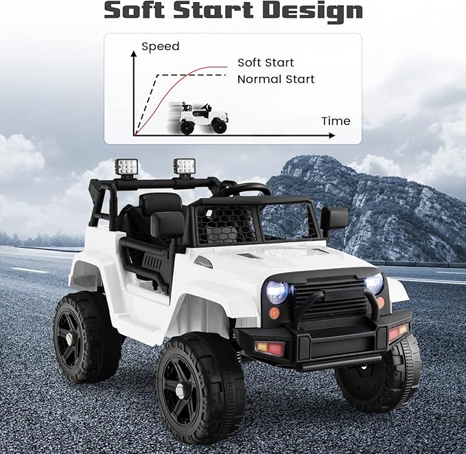 OLAKIDS Kids Ride On Truck, 12V Electric Vehicle Jeep Car with Remote Control, Toddlers Battery Powered Toy with 2 Speeds, Spring Suspension, Double Open Doors, LED Lights, Music, TF, USB, Mp3 (White)