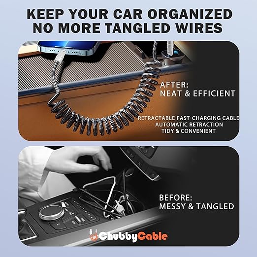 chubbycable Curly Chubby - Retractable Fast Charging Cable 240W Coiled Charger Cord for Car Durable USB-C Cable for Phones, Tablets and More, Purple+Purple, Type-C to Type-C, 1.3FT-2.3FT