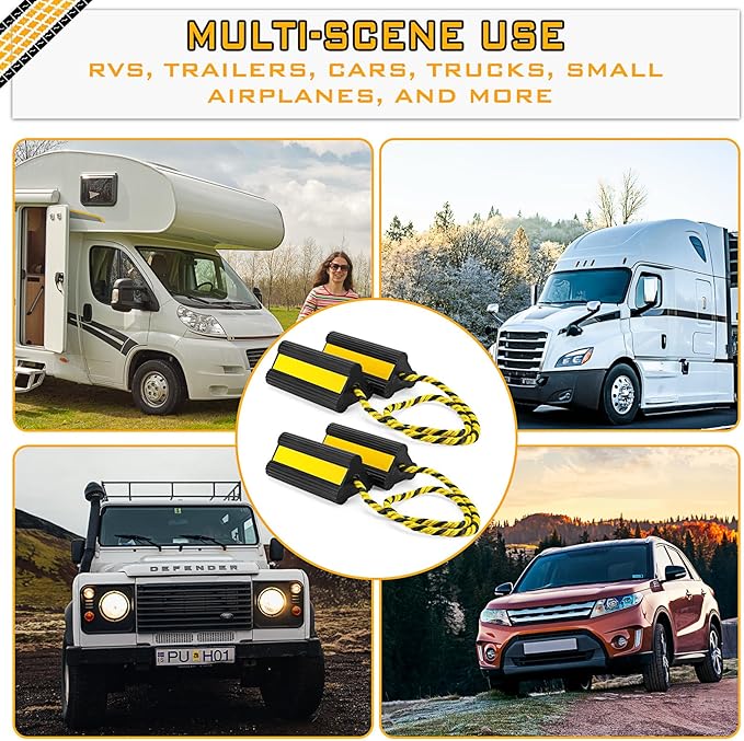 4 Pair Heavy Duty Wheel Chocks for RV Trailer, Rubber Wheel Stoppers, Dual Blocks, Non Slip Tire Chock with Nylon Rope Reflective Tape for RV Camper Travel Trailers Car Truck (Yellow)