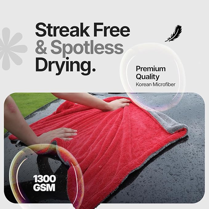 Microfiber Towels for Cars - 1300GSM X Large Size Double Twisted Loop 2pcs - 70/30 Blend Quick Dry High Absorbent Edgeless Streak Free - Car Drying Towel for Detailing 24x36″ & 12x12 (Grey+Red)