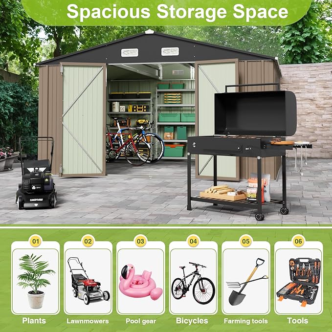 JUMMICO 10 x 10 FT Outdoor Storage Shed, Large Metal Garden Shed & Tool Sheds for Backyard Garden Patio Lawn (Brown)