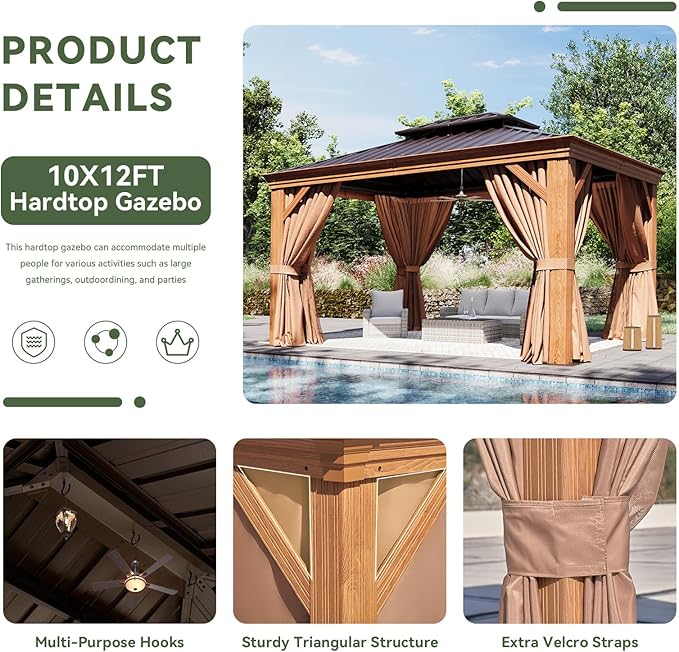 Aoxun 10' x 12' Hardtop Gazebo, Wooden Finish Coated Aluminum Frame Canopy, Galvanized Steel Double Top, Outdoor Permanent Metal Pavilion with Curtains and Netting, for Backyard, Patio and Deck