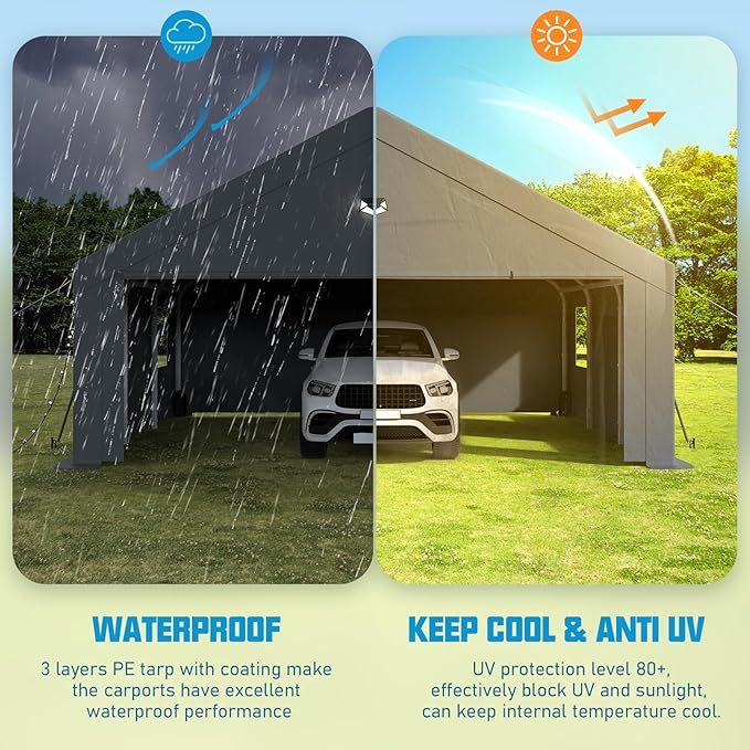 20x20 Carport Canopy, Heavy Duty Car Port, Portable Car Ports Garage with 2 Roll-Up Zipper Drive Through Doors, Grey