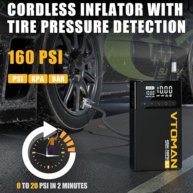 VTOMAN X7 Jump Starter with Air Compressor, 4250A Portable Car Jumper with 160PSI Digital Tire Inflator,12V Lithium Battery Charger Booster Box with Type-C Quick Charge (Up 10L Gas/10L Diesel Engine)