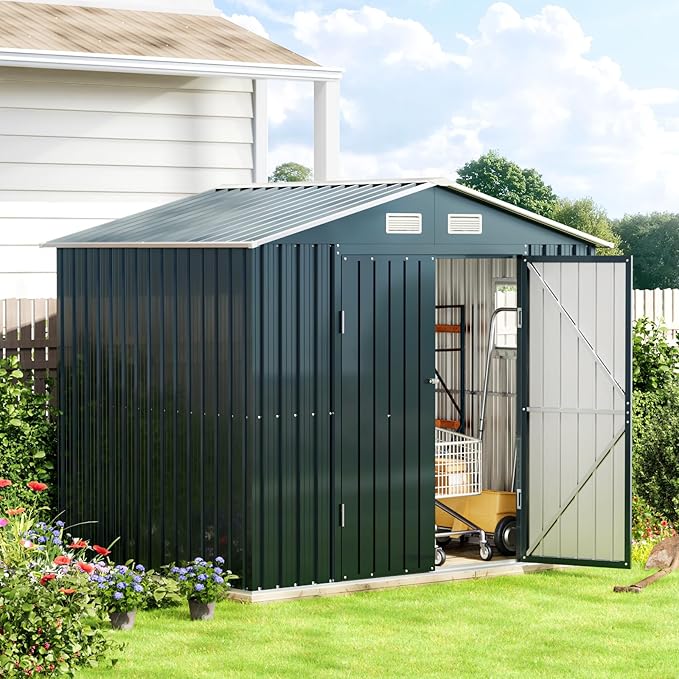 6X8X6.4FT Outdoor Steel Storage Shed with Lockable Doors, Frame Floor (No Wood/Other Boards),One Clear Window,Ideal for Garden, Backyard, Patio Storage