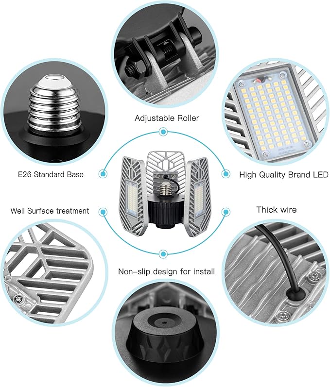 LED Garage Lights, Deformable LED Garage Ceiling Lights 9000 Lumens, 82W CRI 80 Led Shop Lights for Garage, Adjustable Garage Lights, Led Garage Lighting (No Motion Activated) (1-Pack)