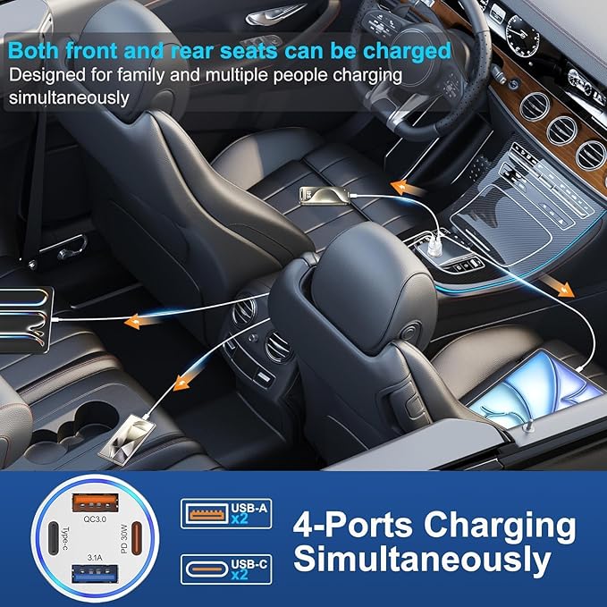 65W Car Phone Charger USB C, 5 Pack 4-Port Cigarette Lighter Adapter, 12V USB C Fast Car Charger Type C Car Adapter, Car Accessories for iPhone 16E 16 15 14 13 12 Pro Max,Galaxy,Pixel,iPad,Android