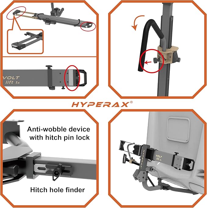 HYPERAX Patented Lift Assisted Volt Lift 1x RV Rated Hitch Mounted 2 E Bike Rack Carrier Up to 1X 80lbs eBikes with Up to 5" Fat Tires for RV and SUV