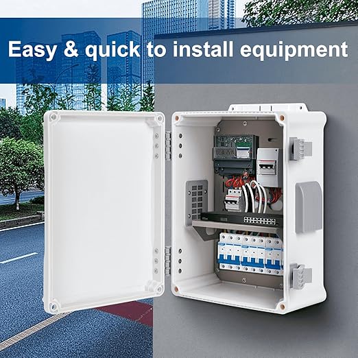 Outdoor Electrical Junction Box, ABS Water Resistant Enclosure with Internal Mounting Panel & Hinged Cover (12.6" H x 9.4" L x 5.7" W)
