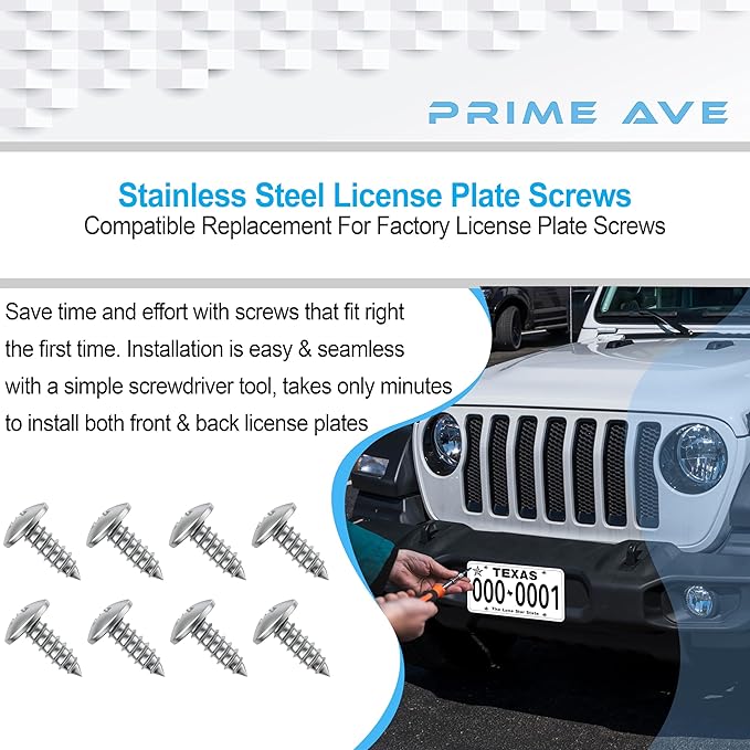 Stainless Steel License Plate Screws for License Plates, Frames, Covers - Rust Proof Licence Plate Screw Set for Front/Rear - Compatible with Chrysler Dodge Jeep & Ram (Pack of 8)
