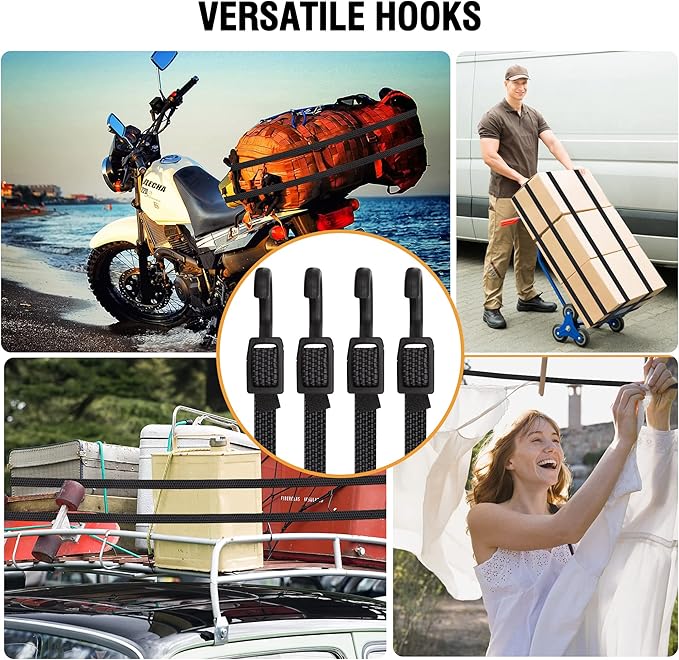Bungee Cords with Hooks Heavy Duty, Flat Adjustable Bungee Cords with Hooks 32 Inch, Rubber Black Bungee Straps with Buckle Hooks for Outdoor, Camping, Tarps, Bike Rack, Tent, Truck, 4 Pack