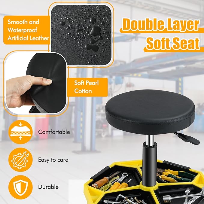 Adjustable Mechanic Rolling Stool, Pneumatic Rolling Stool with Wheels, Tool Storage Tray & Padded Seat Cushion, Garage Stool Chairs Creeper Seat (Yellow)