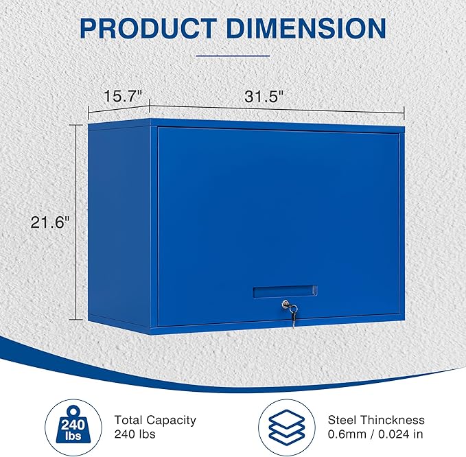 Metal Storage Cabinet Blue Wall Cabinets with Shelf and Locking Door - Wall Mounted Storage Cabinet for Garage Warehouse Home Office - Assembly Required
