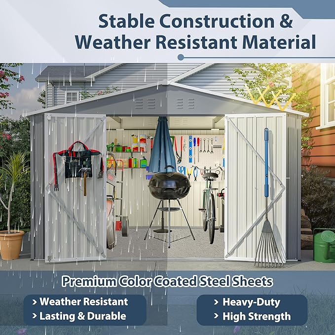 10×8 FT Metal Outdoor Storage Shed, Large Garden Sheds with Lockable Doors, All Weather Anti-Corrosion Galvanized Steel Tool House for Backyard Garden Lawn,Grey