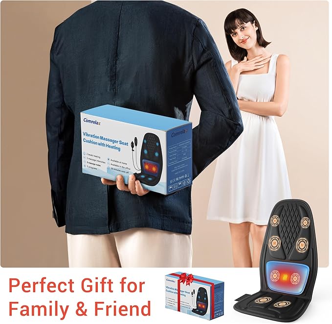 Back Massage Chair Pad with 3D Lumbar Support, Electric Back Massager for Pain Relief, Massage Seat Cushion with 3 Vibration Intensities & 2 Heat Levels