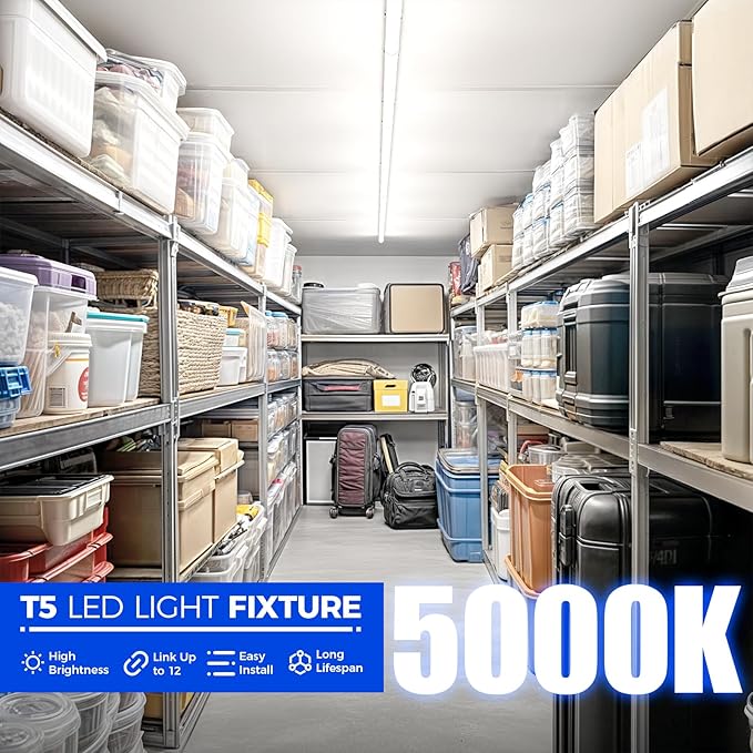 Barrina T5 LED Ceiling Light Fixtures, 2FT, 5000K (Daylight White), 1100LM, 10W, Corded Electric with Built-in ON/Off Switch, Linkable LED Shop Lights for Garage, Workshop, ETL Listed, 6 Packs
