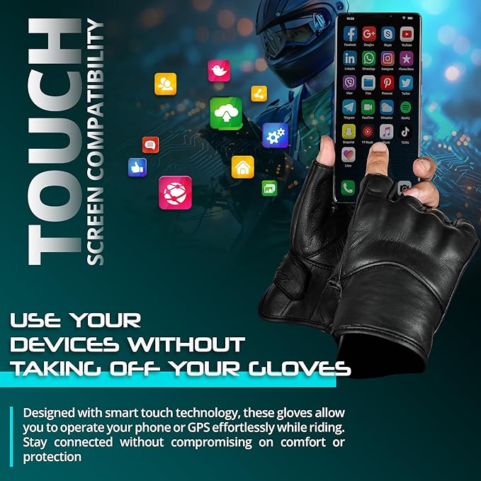 aasportx Motorcycle Gloves - Men's Leather Motorbike Gloves with Touchscreen Function - Non-Slip Pads for Men & Women