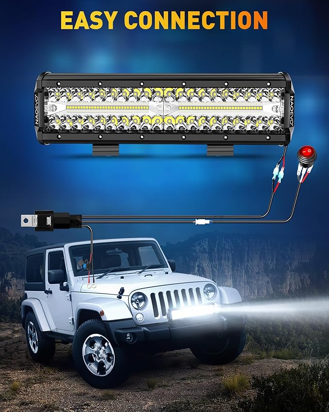 NAOEVO 12 Inch LED Light Bar, 300W 30000LM LED Offroad/Driving/Fog Lights with Wiring Harness Kit, Spot Flood Work Lights for Truck UTV ATV Golf Cart Boat, 1 Pc (White)