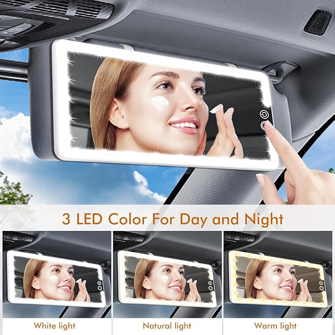 Car Sun Visor Vanity Mirror,Dimmable Makeup Mirror for Car Visor,Rechargeable Led Light with 3 Modes,White
